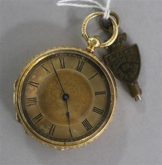 An 18ct gold fob watch with engraved case and key.